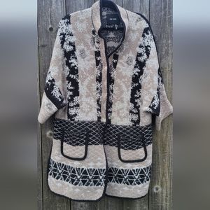 Nic + Zoe Oversized Knit Beige Pattern Print Longline Sweater Button Cardigan